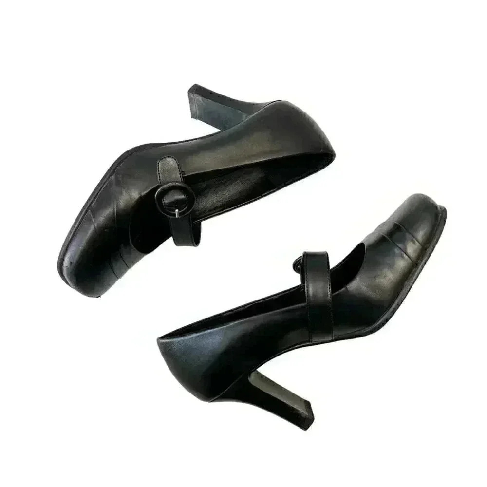 Vintage Spring High Heel Mary Jane Pumps Genuine Leather Black Size 7.5 EU 38 - Picture 13 of 15